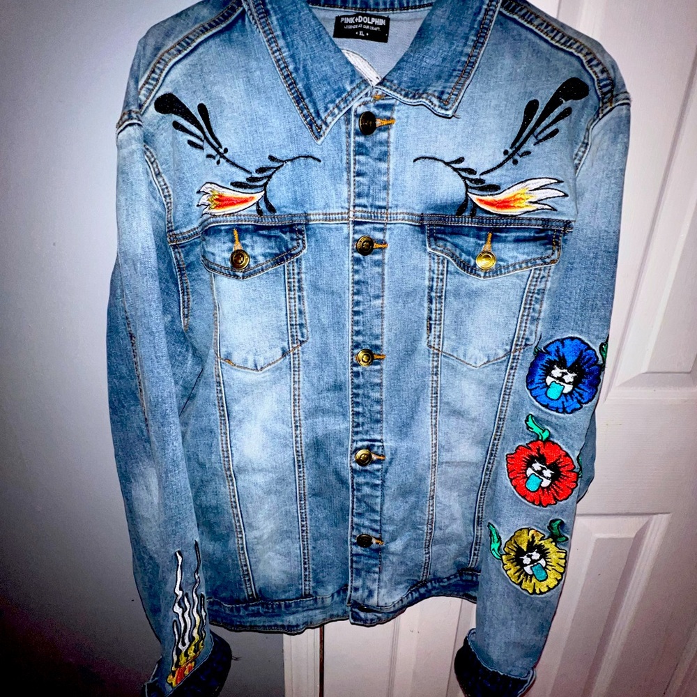 Pink dolphin embroidery jacket with patches size (XL)